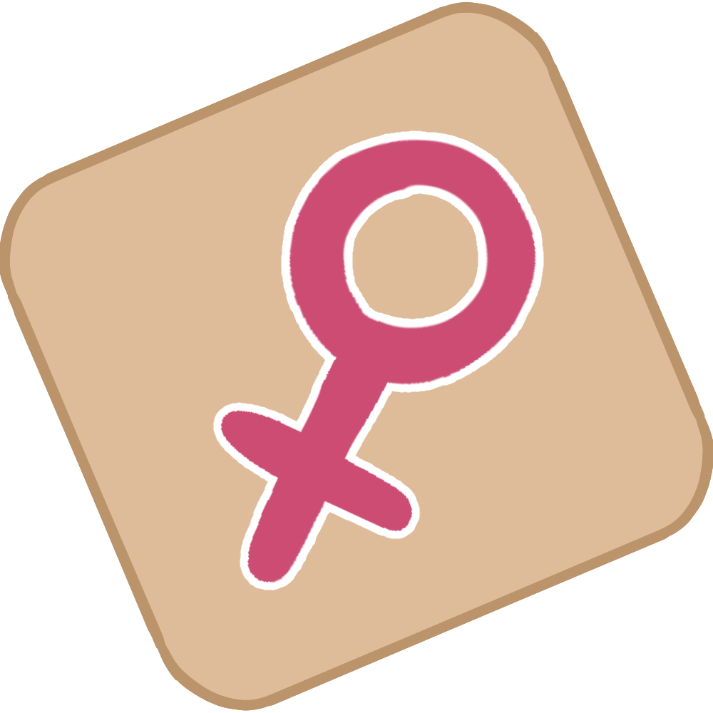 a diamond-shaped light brown patch with a pink venus symbol on it.